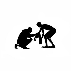 Farmer teaching teenager how to milk cow, crouching together silhouette on white background
