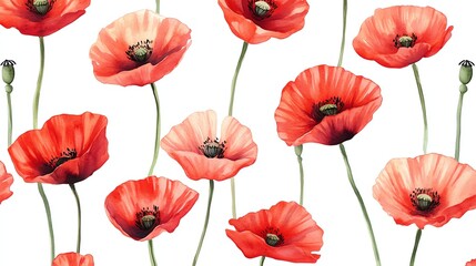 Obraz premium Seamless pattern poppy watercolor red flowers on white background