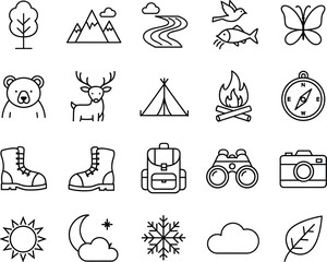 Vector outdoor adventure icons set, camping, hiking, nature, bear, deer, tent, campfire, compass, boots, backpack, binoculars, camera, sun, moon, snowflake, cloud, leaf, butterfly.