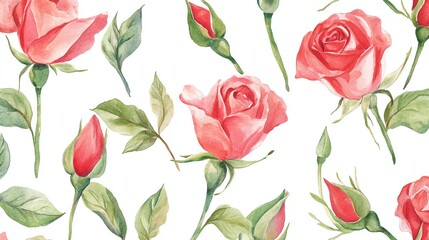Seamless pattern rose buds watercolor floral background on white background