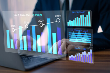 Obraz na płótnie Canvas Data Analytics concept, Data Annotation, Data Analysis, Businessman use laptop analyzing data from customer feedback to improve business marketing strategies
