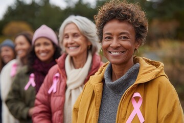 A diverse group of women wearing pink ribbons, smiling and standing together outdoors. The scene conveys unity and support for breast cancer awareness.