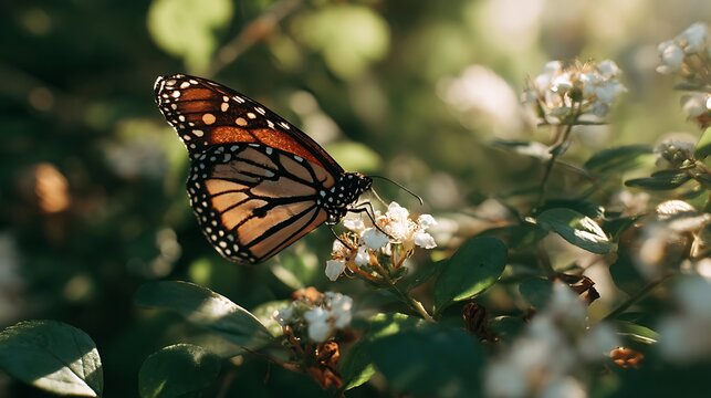 A monarch butterfly perches delicately on a small white flower, surrounded by lush green foliage and bathed in golden sunlight.