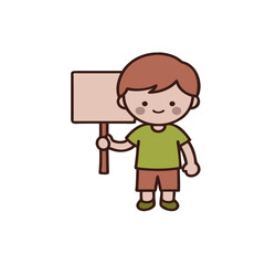 Cute cartoon boy is holding a blank sign, perfect for announcements, promotions or adding your own custom text easily.