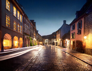Fototapeta premium A Quiet, Historic European Street at Night with Wet Pavement and Vehicle Light Trails