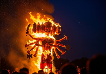 Fiery Ravana Effigy Burning at Night Dussehra Festival