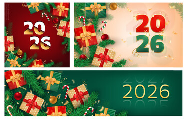 Merry Christmas & Happy New Year 2026 greeting banners. 3D numbers on red, green, beige background with realistic fir branches, gift boxes, gold confetti. Holiday cards, wallpapers, social media post.