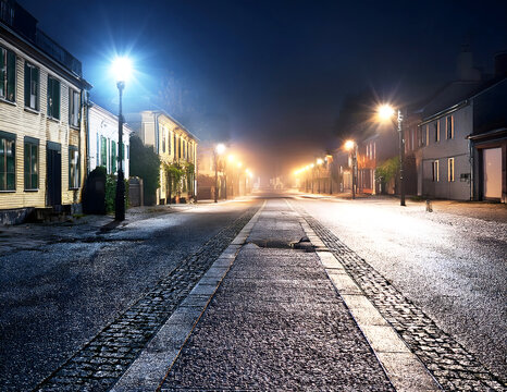 oggy Night on a European Cobblestone Street with Bright Streetlights Stretching into the Distance