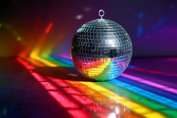 Fototapeta premium Disco ball reflects vibrant rainbow light as colors dance on the surface during an evening celebration setting