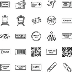 Vector ticket icons, cinema, event, travel, VIP passes, admission cards, barcode, QR code, train, airplane, and coupon tickets set.