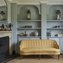 Yellow sofa against the fireplace and shelves. French country interior design of a modern living room.