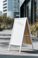 Blank white A-frame sign on city sidewalk