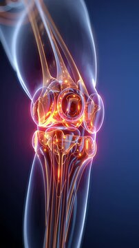 3D illustration of human knee joint with glowing highlighted area showing pain or inflammation on dark background. Concept of medical anatomy, health and orthopedics
