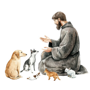 Saint Francis of Assisi talking to animals watercolor painting, Saint Francis of Assisi depicted in a watercolor, isolated on transparent background
