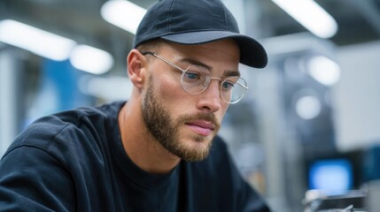 A young man with glasses and a cap is concentrating on his work in a contemporary industrial setting, showcasing dedication and professionalism.