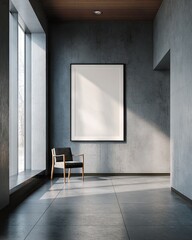 Modern hallway with large blank art frame and dark chair