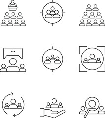 Audience Vector Icon Set, Pixel Perfect. For Mobile and Web. Contains such icons like seminar, group of people, audience, podcast, target market, target audience, group audience, Group discussion etc