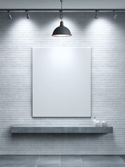 Blank canvas on shelf, lit by spotlights