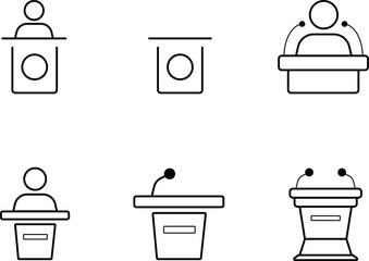 Keynote stage and Podium speaker Vector Icon Set, Pixel Perfect. For Mobile and Web. Contains such icons like stage, microphone, speaking, public, speech, event, seminar etc