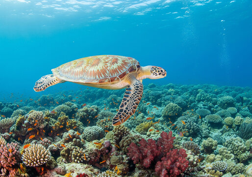 Sea Turtle Swimming Over Coral Reef Underwater Ocean Scenics