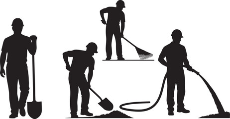 Construction workers silhouette set with shovel rake hose working men laborer vector illustration