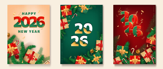Set of 2026 greeting cards with 3d realistic wrapped gifts, golden confetti, candy canes and pine branches on beige, red, green background. Holiday vertical banners. Merry Christmas and Happy New Year