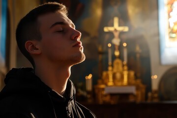 Young man praying in Catholic church eyes closed