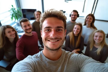Young startup founder selfie with diverse team