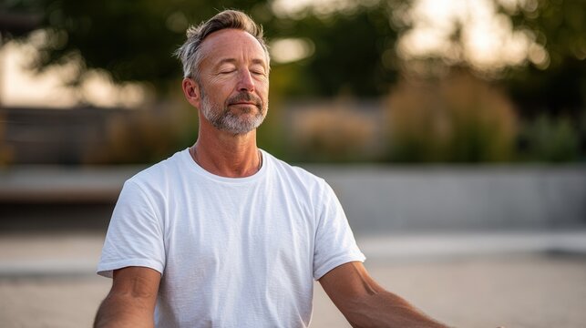 A serene middle-aged man practicing meditation outdoors, surrounded by nature. The scene conveys tranquility and mindfulness. - Powered by Adobe