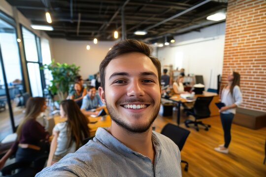 Young startup founder selfie with diverse team