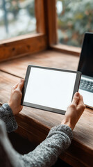 Person holding a blank tablet computer with a laptop and window view in the background hands blank screen