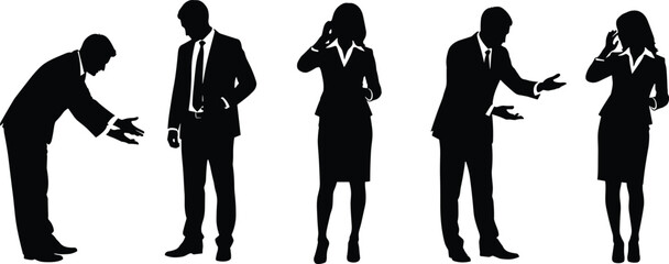PrintBusinessman and businesswoman silhouettes in formal attire showing various poses like bowing, talking on phone, and explaining gestures.