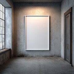 Blank white framed canvas on concrete wall