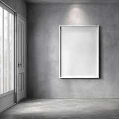 Blank white framed poster on gray concrete wall, indoor room with door and window