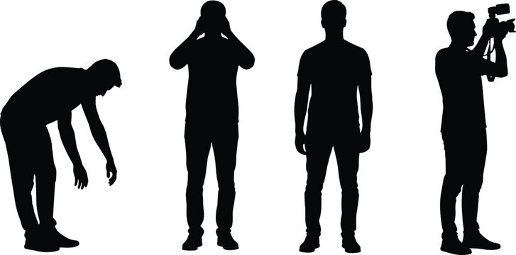 PrintMinimalist silhouette illustration of four human figures in different poses including bending, standing, covering ears, and taking photograph on white background