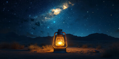 Illuminated Lantern Under a Starry Night Sky in a Desert Landscape with Distant Mountains and Glowing Light