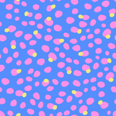 Pink and Yellow Spots on Blue Playful Abstract Seamless Repeating Pattern 