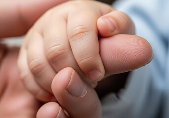 Close-up of a baby's hand holding a parent's finger, symbolizing love and connection.