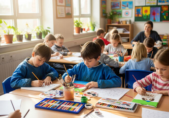 Fototapeta premium Children enjoying painting and drawing activities in a bright, sunny classroom
