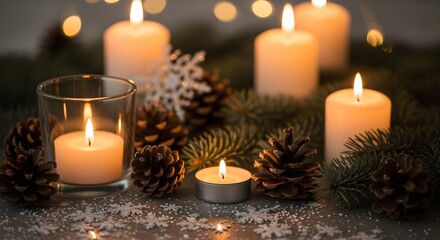 Winter holiday setup: snowflakes, pinecones, and candles with soft lighting.