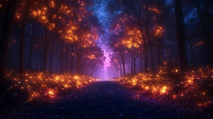 Glowing forest path at night