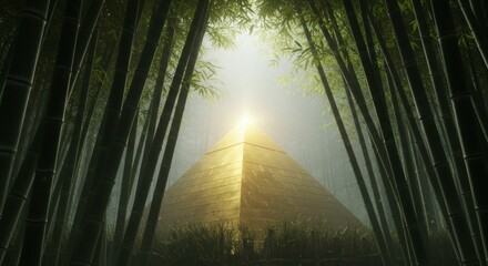 Mysterious golden pyramid emerges from a mystical forest, bathed in ethereal light