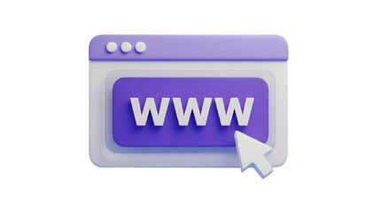 3d rendering of a website window with www text and a cursor pointing to the window