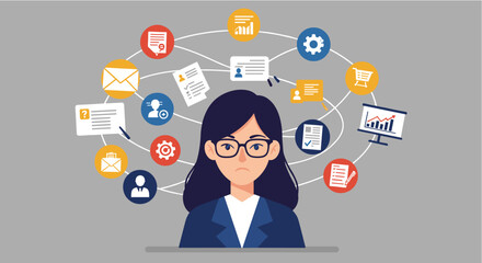 A serious professional woman in glasses navigates a complex network of digital icons, illustrating the challenges of multitasking and information management.