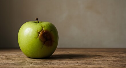 Bruised green apple on wood natural imperfection highlights aging, authenticity, and the quiet truth of organic life and food waste.
