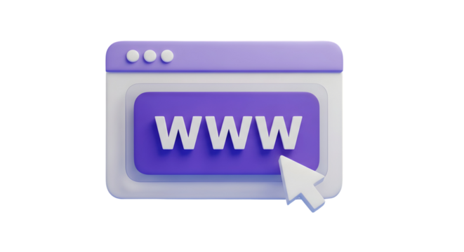 3d rendering of a website window with www text and a cursor pointing to the window