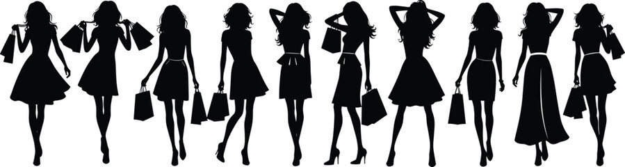 PrintSilhouette illustration of fashionable women walking confidently carrying shopping bags, showcasing style, elegance, and modern shopping lifestyle concept.
