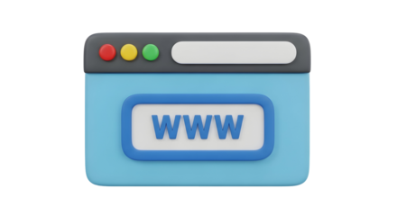 3d rendering of a browser window with www text for website design and development
