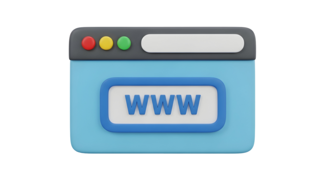 3d rendering of a browser window with www text for website design and development