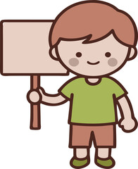 Cute cartoon boy is holding a blank sign, perfect for announcements, promotions or adding your own custom text easily.